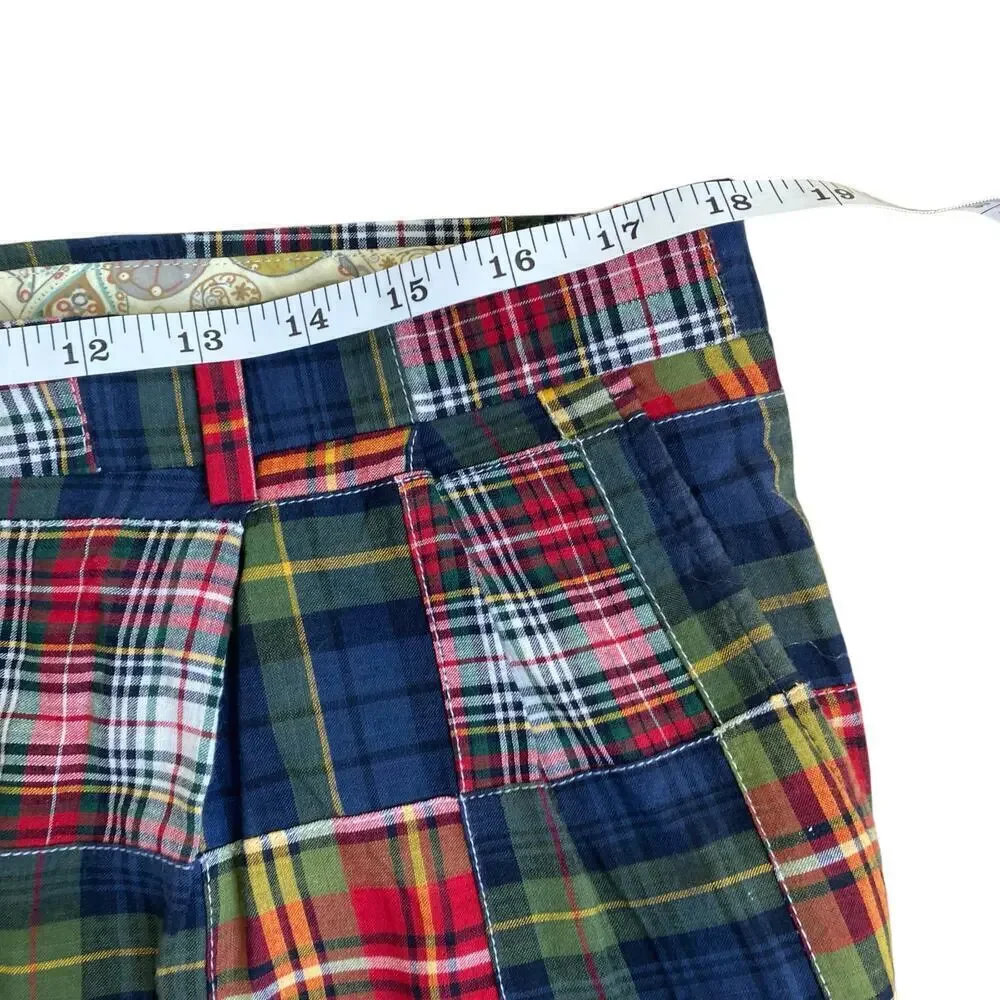 Berle Vintage Cotton Madras Plaid Pleated Front Chino Shorts Preppy Sz 34